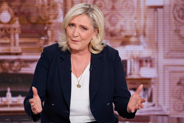 French far-right Rassemblement National (RN) party Member of Parliament and presidential candidate Marine Le Pen speaks as she takes part in the show '10 Minutes pour Convaincre' (10 Minutes to Convince) on French TV channel TF1 in Boulogne-Billancourt, outside Paris, on Wednesday (AFP photo)