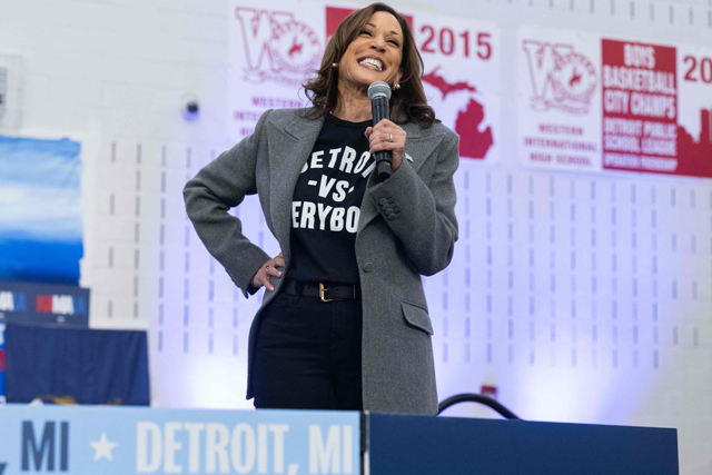 US Vice President and Democratic presidential candidate Kamala Harris speaks at a campaign rally to get out the early vote at Western International High School in Detroit, Michigan, October 19, 2024 (AFP photo)