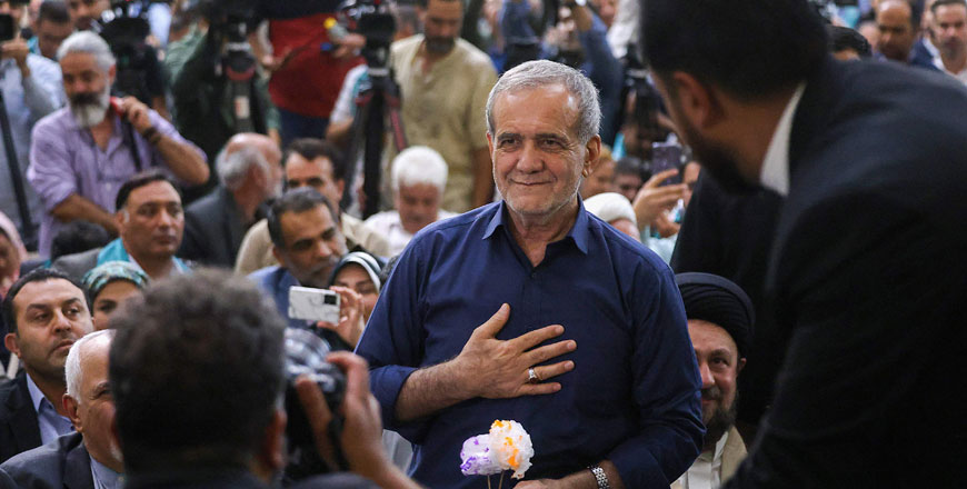 Newly-elected Iranian President Masoud Pezeshkian gestures during a visit to the shrine of the Islamic Republic's founder Ayatollah Ruhollah Khomeini in Tehran on Saturday (AFP photo)