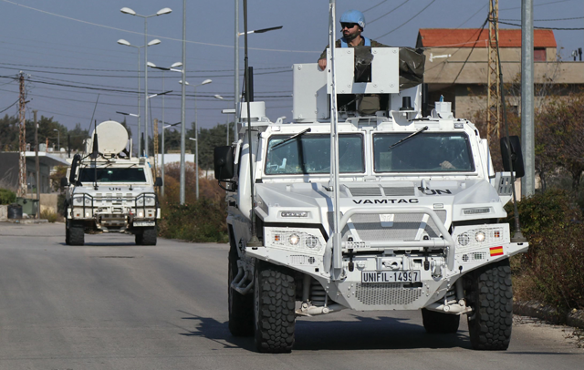 United Nations Interim Force in Lebanon (UNIFIL) vehicles patrol the southern Lebanese city of Marjayoun near the border with Israel on November 29, 2024, three days after a ceasefire between Israel and Hizbollah took hold (AFP photo)