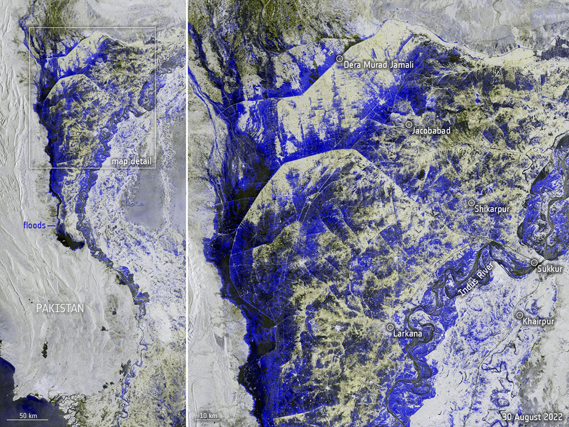This handout satellite image taken on Tuesday and released by the European Space Agency on Thursday, shows the extend of flooding in Pakistan with a wide view of the affected area (left) and a zoom into the area between Dera Murad Jamali and Larkana, the blue to black colours showing where the land is submerged (AFP photo)