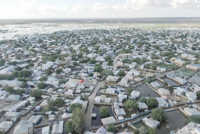This aerial view shows floodwater in Beledweyne, central Somalia, on Saturday. Around 200,000 people have been displaced due to flash flooding in central Somalia (AFP photo)