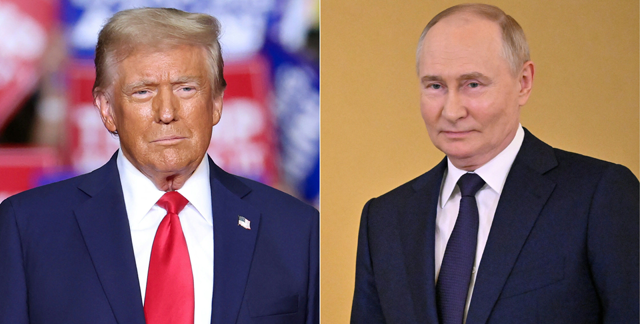 This combination of pictures created on November 07, 2024 shows Former US President and Republican presidential candidate Donald Trump (L) looking on during a campaign rally at PPG Paints Arena in Pittsburgh, Pennsylvania on November 4, 2024, and Russian President Vladimir Putin (R) decorating Indian Prime Minister Narendra Modi with the Order of St. Andrew the Apostle the First-Called during a ceremony following their talks at the Kremlin in Moscow on July 9, 2024 (AFP photo)