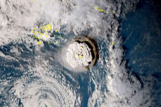 A grab taken from footage by Japan's Himawari-8 satellite and released by the National Institute of Information and Communications (Japan) on Saturday shows the volcanic eruption that provoked a tsunami in Tonga (AFP photo)