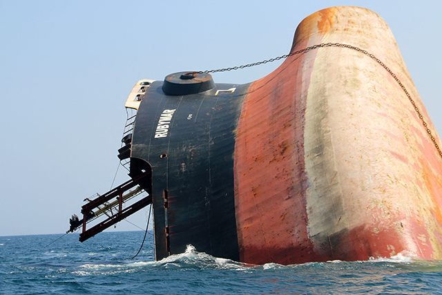 This photo taken on Thursday shows the Rubymar cargo ship partly submerged off the coast of Yemen (AFP photo)