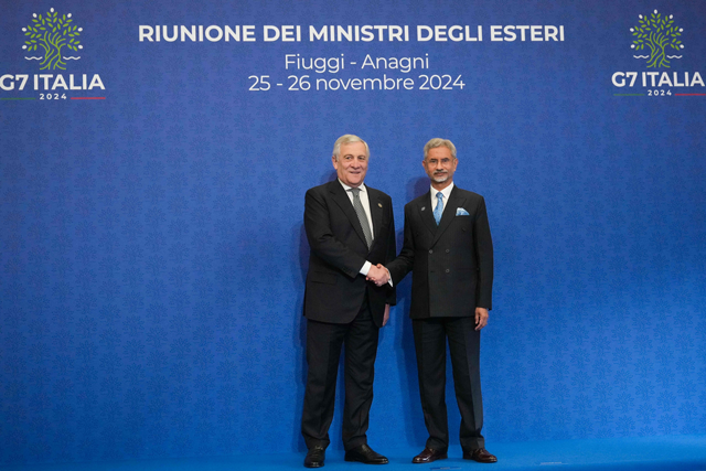 Italy's Foreign Minister Antonio Tajani (left) shakes hands with India's Foreign Minister Subrahmanyam Jaishankar prior to pose for a family photo at the G7 of foreign Ministers in Fiuggi, south-east of Rome, on Tuesday (AFP photo)