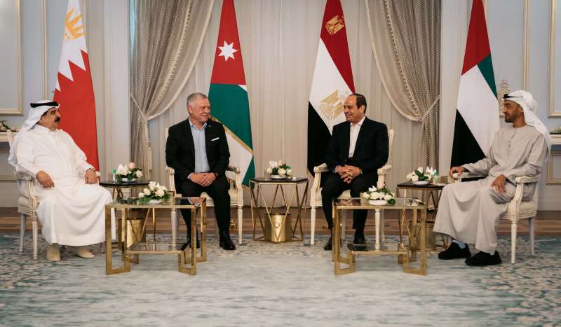 His Majesty King Abdullah participates in the Arab consultative meeting, held at the invitation of Egypt President Abdel Fattah El Sisi, and attended by Bahrain King Hamad Bin Isa Al Khalifa, and United Arab Emirates President Sheikh Mohamed Bin Zayed Al Nahyan, in New El Alamein City on Egypt’s north coast on Tuesday (Photo courtesy of Royal Court)