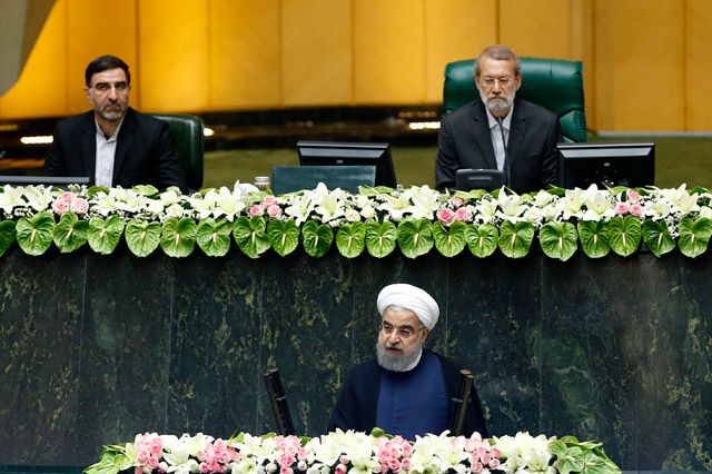 President of Iran Hassan Rouhani  delivers a speech after  his swearing in ceremony  for his second term of presidency at the Iranian parliament in Tehran, Iran, on Saturday (Anadolu Agency photo)