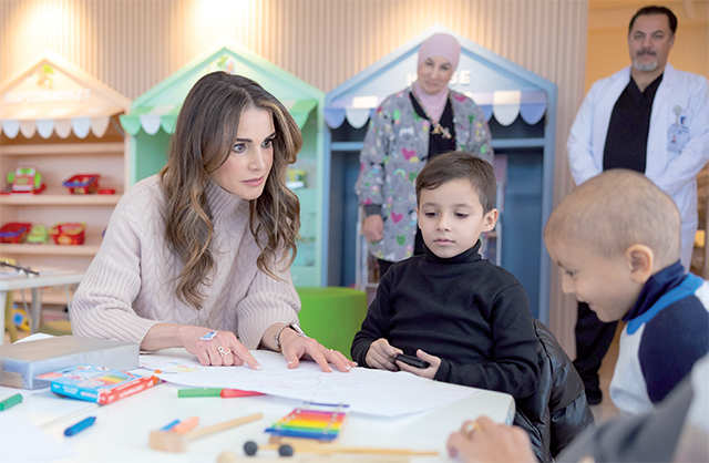 Her Majesty Queen Rania during a visit on November 29 with children evacuated from Gaza for treatment at the King Hussein Cancer Centre  (Photo courtesy of Her Majesty’s office)