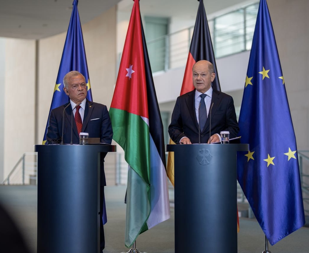 His Majesty King Abdullah, during a joint press conference with German Chancellor Olaf Scholz following talks in Berlin on Thursday, urges the international community to take a stand to stop Israel’s war on Gaza, reinstate the ceasefire, and resume efforts to address the humanitarian tragedy, which has reached unspeakable levels (Photo courtesy of Royal Court)