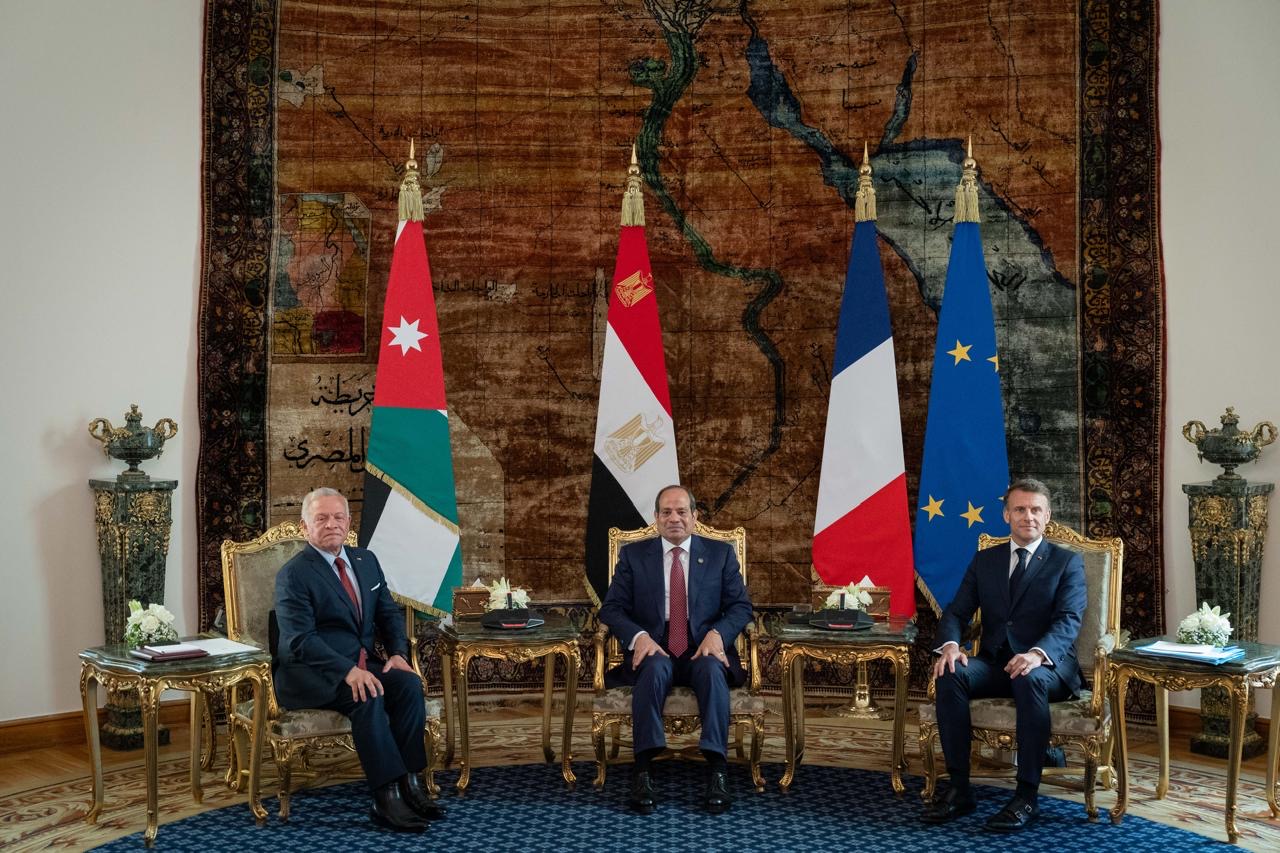 His Majesty King Abdullah on Monday holds a trilateral summit in Cairo with Egyptian President Abdel Fattah Al Sisi and French President Emmanuel Macron, to discuss the grave developments taking place in Gaza (Photo courtesy of Royal Court)