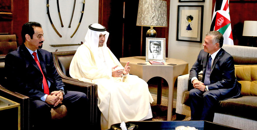 His Majesty King Abdullah receives Kuwait’s Deputy Prime Minister and Minister of State for Cabinet Affairs Anas Al Saleh at Al Husseiniya Palace on Monday (Photo courtesy of Royal Court)