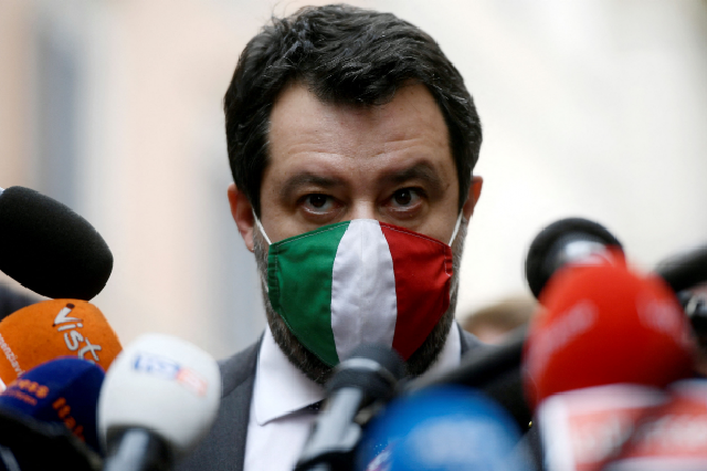 This file photo taken on January 28shows Italian far-right Lega Party leader Matteo Salvini answering journalists' questions on a meeting between Italian prosecutor and Italy's prime minister as he is prosecuted for ‘abuse of power and kidnapping of people’ for having blocked during the summer of 2019 while Interior minister 116 migrants for several days aboard an Italian coastguard vessel, the Gregoretti (AFP photo)