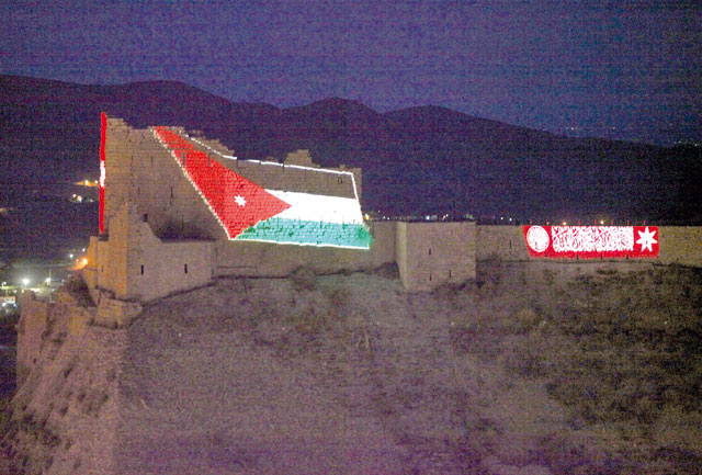 Karak Castle was lit on Monday in remembrance of the victims of the terrorist attacks on the southern city one year ago (Photo courtesy of Salah Malkawi)