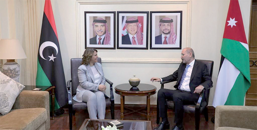 Deputy Prime Minister and Foreign Affairs Minister Ayman Safadi meets Libyan Minister of Foreign Affairs Najla El Mangoush on Sunday (Photo courtesy of Foreign Ministry)