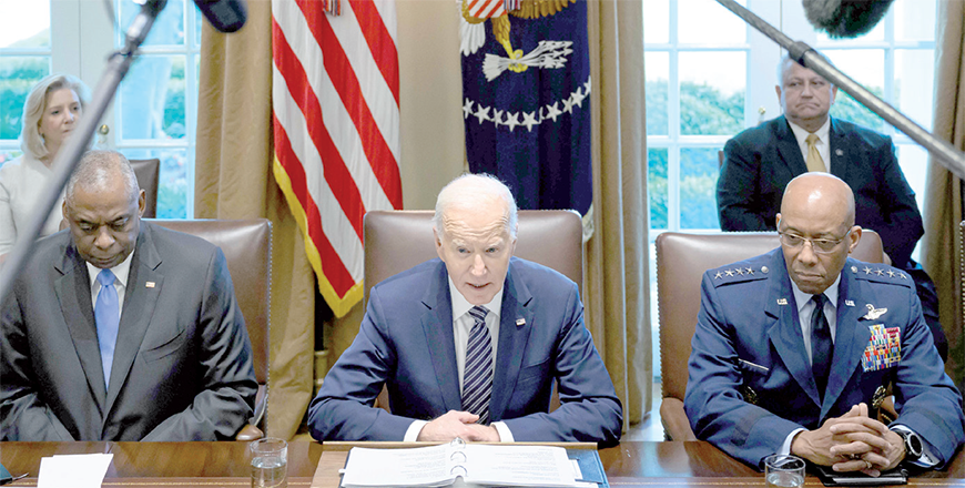 US President Joe Biden, flanked by Chairman of the Joint Chiefs of Staff General Charles Q. Brown Jr. (right) and Defence Secreatry Lloyd Austin (left) in Washington, DC, on Thursday (AFP photo)