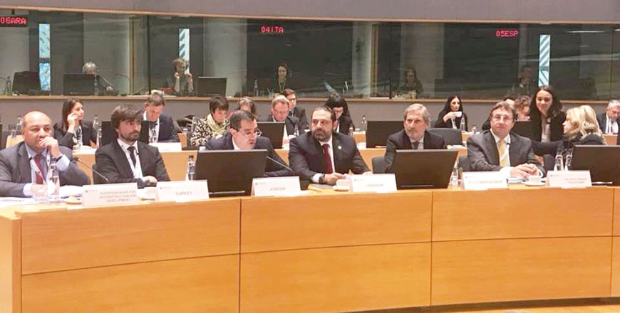 Minister of Planning and International Cooperation Imad Fakhoury addresses Brussels II conference held recently to support Syrian refugees and host communities (Petra photo)