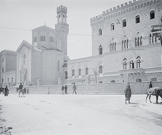  The hospital opened its doors in 1919 and at the beginning was managed by nuns in the beginning. T The facade of the building takes its influence from Florentine Renaissance style and strongly resembles the Palazzo Vecchio Bell Tower, the city hall in Florence, Italy (Photo courtesy of Italian hospital in Jerusalem)