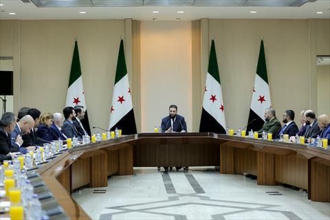 Caption  This handout picture released by the official Syrian Arab News Agency (SANA) shows Syria's interim president Ahmed al-Sharaa (C) chairing the first meeting of the new cabinet ministers in Damascus on April 7, 2025 (AFP photo)