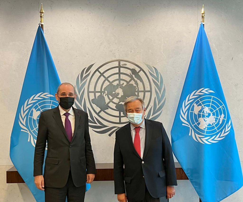 Deputy Prime Minister and Foreign Minister Ayman Safadi meets with UN Secretary General Antonio Guterres in New York on Tuesday (Photo courtesy of Foreign Ministry)
