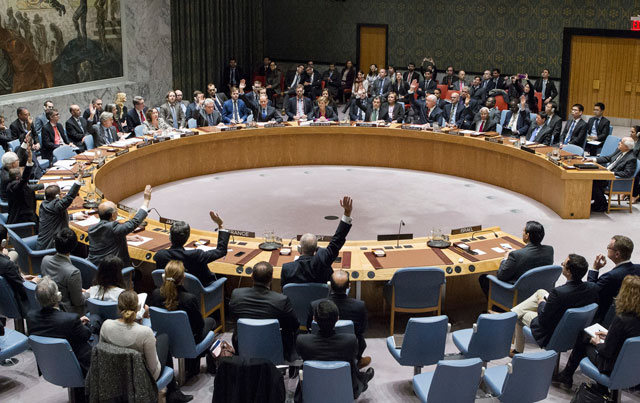 In this photo provided by the UN, members of the UN Security Council vote at the UN headquarters on Friday in favour of condemning Israel for its practice of establishing settlement units in the occupied West Bank and East Jerusalem (AP photo)