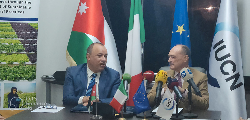 Italy’s Ambassador to Jordan Luciano Pezzotti and the International Union for Conservation of Nature (IUCN), represented by the Regional Director of the IUCN — ROWA Hany El Shaer during  the signing of a partnership agreement in Amman on Monday  (Photo courtesy of IUCN)