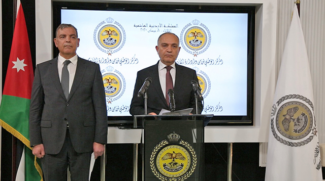 Minister of State for Media Affairs Amjad Adaileh speaks during a joint press briefing with Health Minister Saad Jaber at the National Centre for Security and Crisis Management on Wednesday (Petra photo)