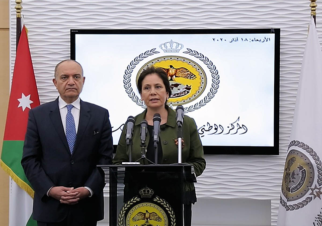 Energy Minister Hala Zawati speaks during joint press briefing with Media Minister Amjad Adaileh (left) and Industry Minister Tareq Hammouri on Wednesday (Petra photo)