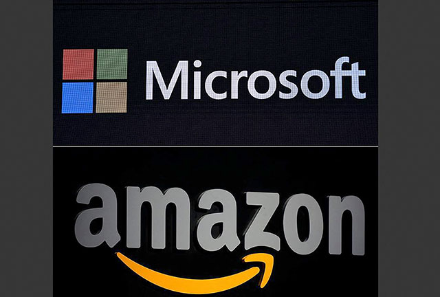 This file combination of pictures shows the Microsoft logo displayed during a presentation at the Mobile World Congress in Barcelona on February 24, 2019, and a file photo taken on September 28, 2011 of the Amazon logo seen on a podium during a press conference in New York. (AFP photo)