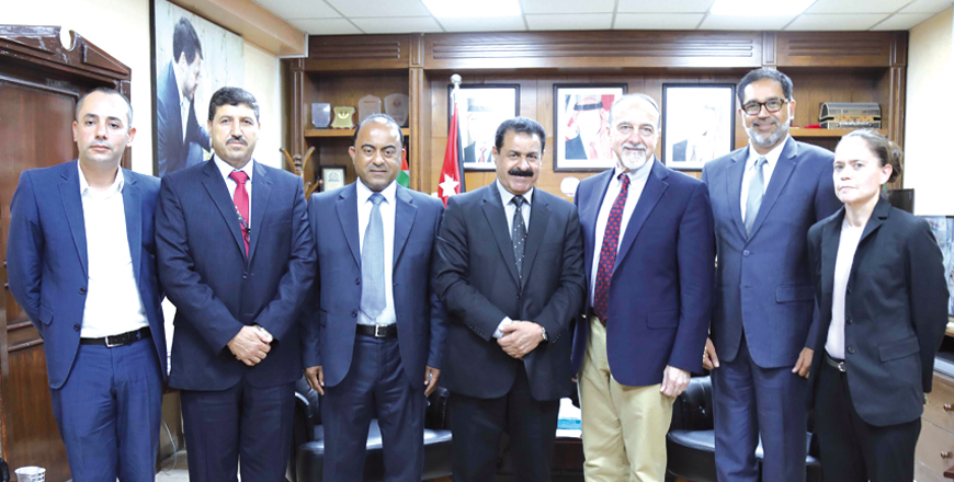 US Ambassador to Jordan Henry T. Wooster, Madaba Governor Nayef Al Hedayat and officials pose for a photo during the envoy’s visit to Madaba on Wednesday (Photo courtesy of US embassy)