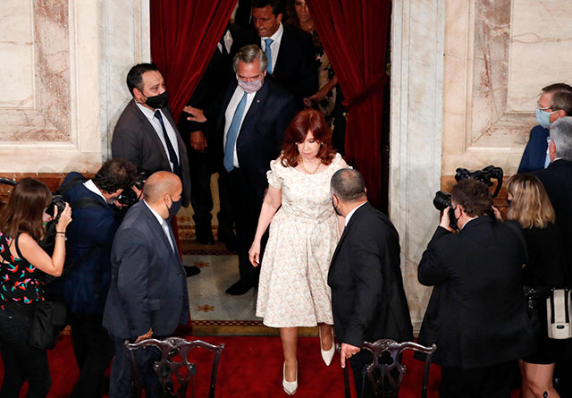 Argentina's President Alberto Fernandez (centre  left) arrives with Vice President Cristina Fernandez de Kirchner to give his annual State of the Nation speech to mark the opening of the 2021 session of congress, in Buenos Aires on Monday (AFP photo)