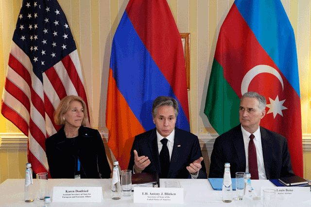 United States Secretary of State Antony Blinken (centre) attends a meeting with Azerbaijani President and the Armenian Prime Minister (both unseen) at the Munich Security Conference in Munich, southern Germany, on Saturday (AFP photo)