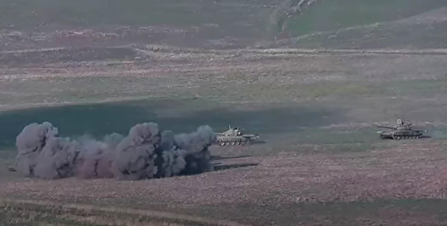 An image grab taken from a video made available on the official web site of the Armenian defence ministry on Sunday, allegedly shows destroying of Azeri tanks during clashes between Armenian separatists and Azerbaijan (AFP photo)