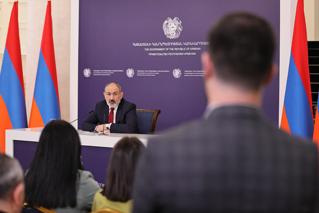 Armenian Prime Minister Nikol Pashinyan holds a press conference in Yerevan, on Tuesday (AFP photo)