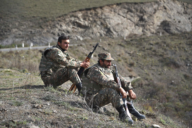 Reservists keep watch in the Shusha region on Saturday amid the ongoing military conflict between Armenia and Azerbaijan over the breakaway region of Nagorno-Karabakh (AFP photo)