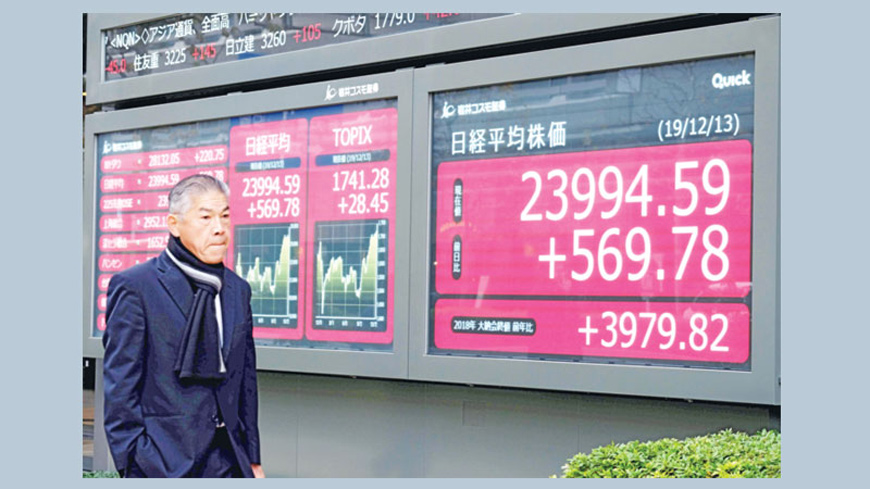A pedestrian walks past an electric quotation board displaying the numbers on the Nikkei 225 Index on the Tokyo Stock Exchange in Tokyo on Friday (AFP photo)