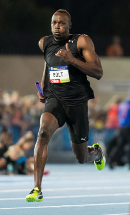 Bolt All-Stars Captain Usain Bolt of Jamaica sprints during the first round of the Nitro Athletics event at Lakeside Stadium Melbourne, Australia, on Saturday (Anadolu Agency photo)