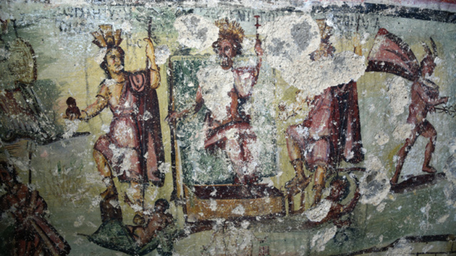 Depicted at the centre of the west wall of the Bait Ras Tomb: Enthroned, Zeus Kapitolios (centre), after whom the city of Capitolias (Bait Ras) was named (Photo courtesy of CNRS)