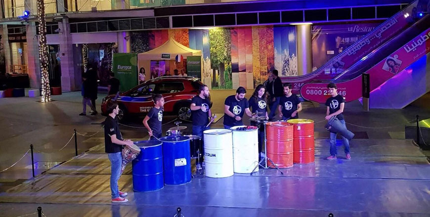 The Jordanian band Drum Jam performs at Abdali Boulevard on Tuesday (Photo by Camille Dupire)