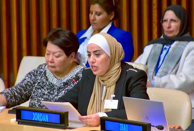 Social Development Minister Wafaa Bani Mustafa delivers a speech on Jordan’s progress in women’s empowerment at the 67th session of the UN Commission on the Status of Women on Friday (Petra photo)