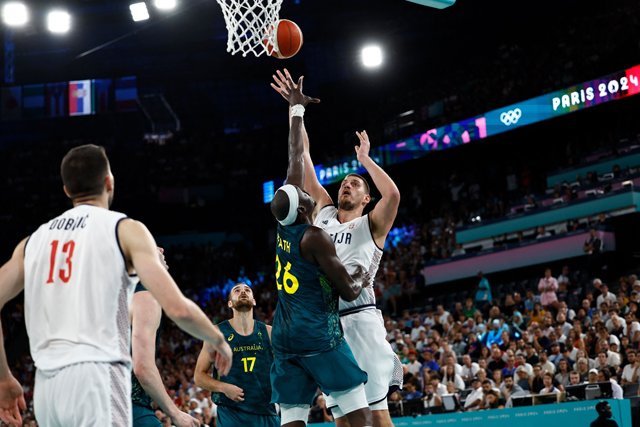 Serbia's #15 Nikola Jokic goes to the basket in the men's quarterfinal basketball match between Serbia and Australia during the Paris 2024 Olympic Games at the Bercy Arena in Paris on Tuesday (AFP photo)