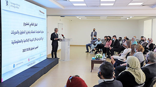 Norway’s Ambassador to Jordan Espen Lindbæck speaks during the closing ceremony of a media literacy project at the Jordan Media Institute on Thursday (Photo courtesy of JMI)