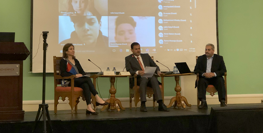 From left: CEO of Plan International Muna Abbas, MP Belal Momani and education expert Ziad Tweissi attend a session during the second day of a workshop organised by the National Council for Family Affairs in the Dead Sea area on Sunday (Photo by Batool Ghaith)