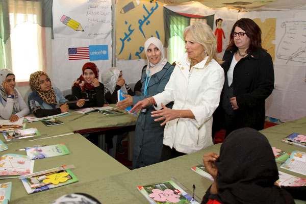 Jill Biden (second from right), wife of US Vice President Joe Biden, meets Syrian refugee children during her visit to Zaatari Refugee Camp, 90km northeast of Amman, on Thursday  (Reuters photo)