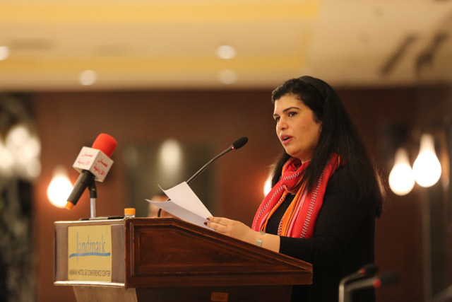 HRH Princess Sumaya gives the keynote address during the launch of the book ‘From Politics to Policy: Building Resilience in West Asia and North Africa’ in Amman on Tuesday (Photo courtesy of the Friedrich-Ebert-Stiftung)