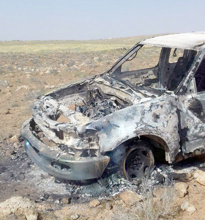 A car that came into Jordan illegally from Syria on Saturday. Border troops applied the rules of engagement followed in such situations and stopped the vehicle (Photo courtesy of Jordan Armed Forces-Arab Army)