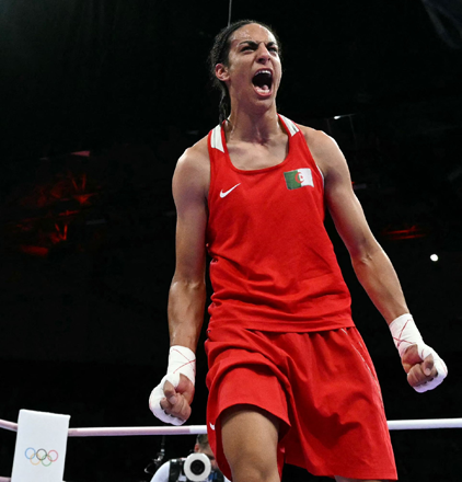 Algeria’s Imane Khelif celebrates her victory over Hungary’s Anna Luca Hamori in the women’s 66kg quarter-final boxing match during the Paris 2024 Olympic Games at the North Paris Arena, in Villepinte on Saturday (AFP photo)