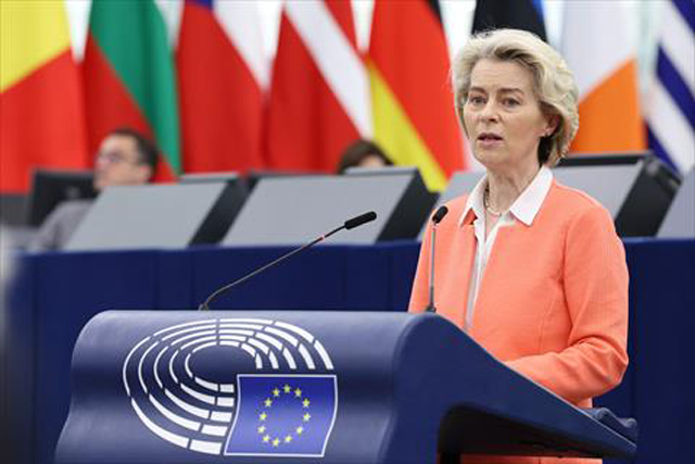 European Commission President Ursula von der Leyen speaks during a debate on the next european summit as part of a plenary session at the European Parliament in Strasbourg on Tuesday (AFP photo)
