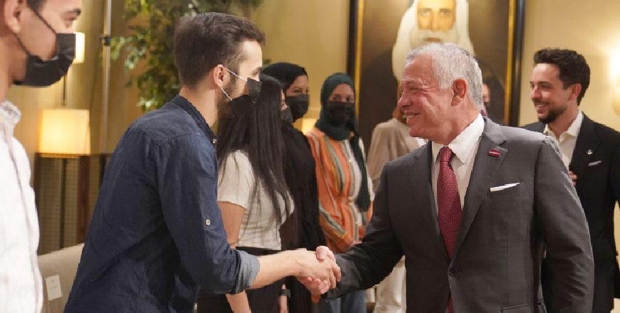His Majesty King Abdullah and HRH Crown Prince Hussein receive top General Secondary Education Certificate Examination (Tawjihi) achievers at Al Husseiniya Palace on Monday (Photo courtesy of Royal Court)