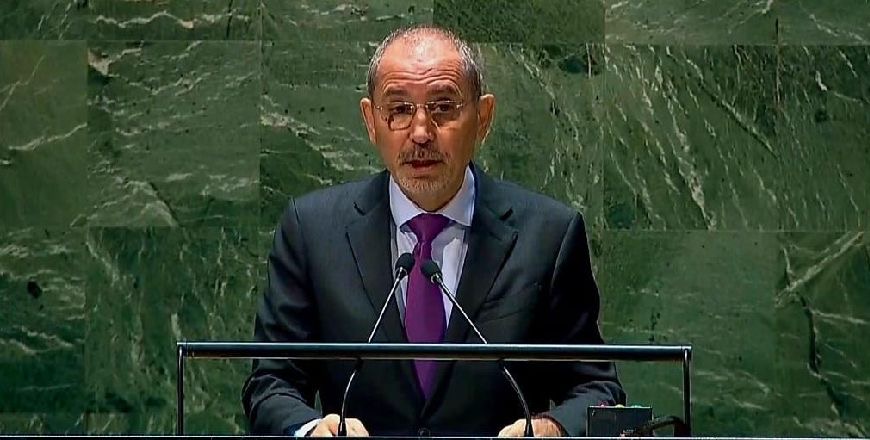 Deputy Prime Minister and Foreign Minister Ayman Safadi addresses the Tenth Review Conference of the Parties to the Treaty on the Non-Proliferation of Nuclear Weapons, held at the UN headquarters in New York on Monday (Photo courtesy of Foreign Ministry)
